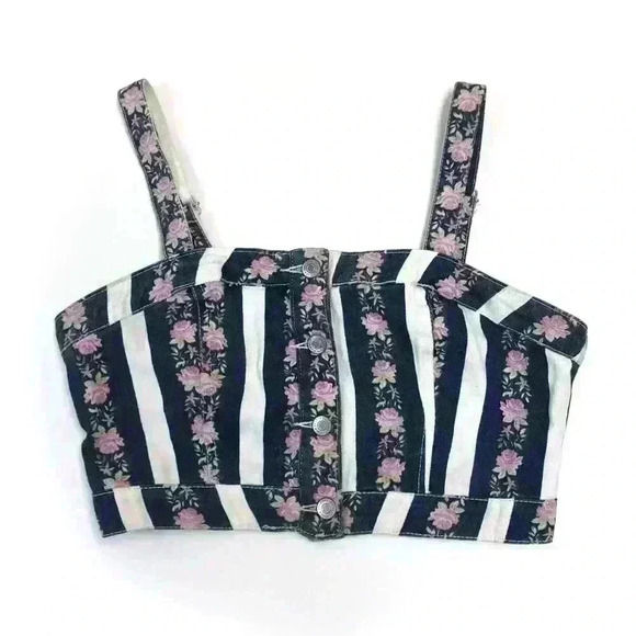 Forever 21 F21 Stripes Blue White Multi Crop Top - Picture 1 of 5